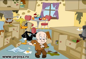В дом к лысому охотнику из мульта забрался Дафи Дак. Вы должны отбиваться от нападок этого безумного селезня.