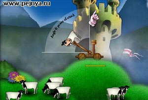 Красивая игра замочи врагов коровами из катапульты.